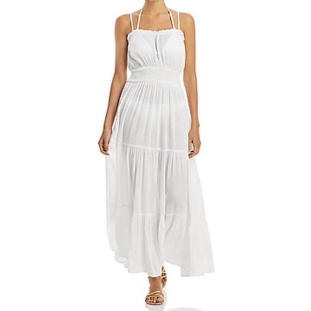 Aqua Swim White Gauzy Tiered Cover-up Maxi Dress Size M